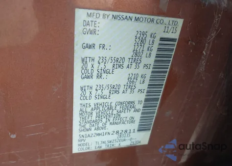 2015 Nissan Murano Platinum z USA, uszkodzony, nr VIN 5N1AZ2MH1FN282811